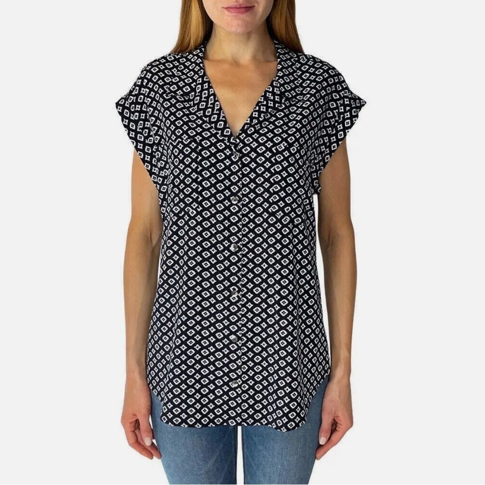 Jachs Girlfriend NY Womens Navy Geo Top Sz M Button-Up Geometric Pockets Aztec
